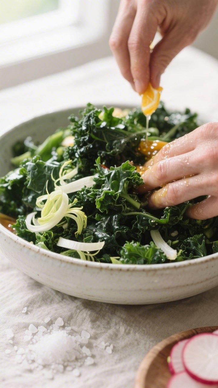 Cooking process — massaging kale: Close-up of finely sliced lacinato kale being gently massaged wi