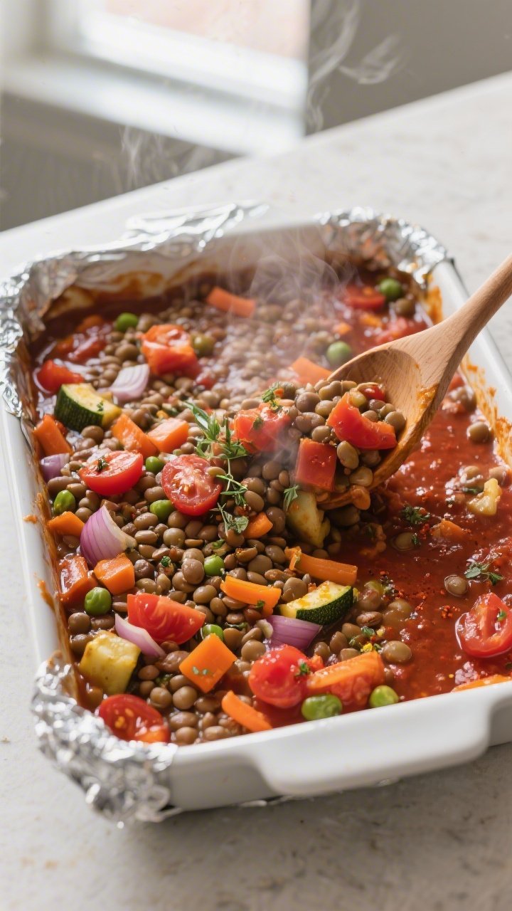 Cooking process, mid-bake stir: Overhead shot of a 9x13 casserole dish just out of the oven at the 4