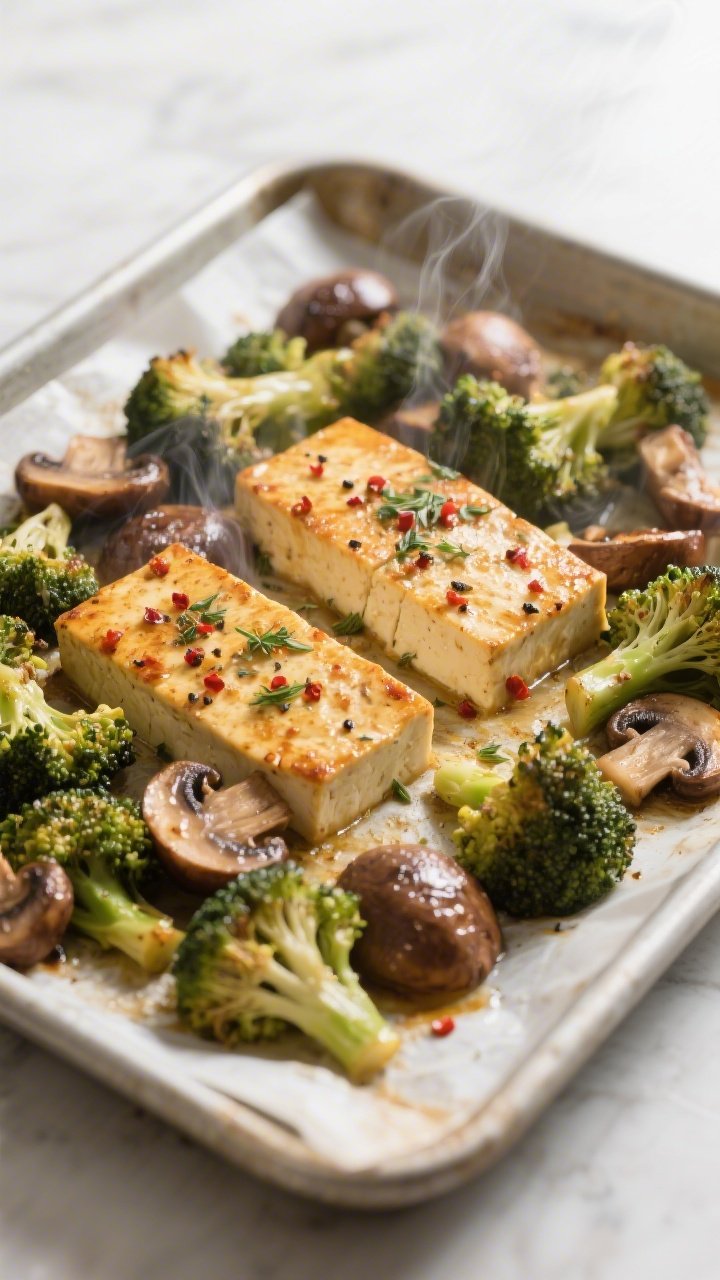 Cooking process: One-pan roasted herb tofu with broccoli and mushrooms mid-bake at the flip stage—