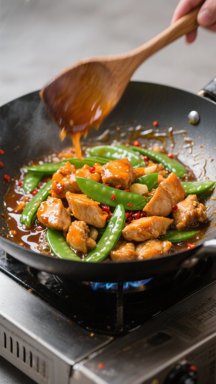 Cooking process: Orange chicken stir fry in a carbon steel wok over medium-high heat, chicken just r