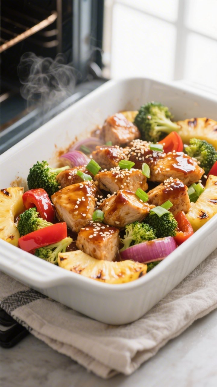 Cooking process, oven-finished: A 9x13-inch white ceramic baking dish just pulled from the oven at 4
