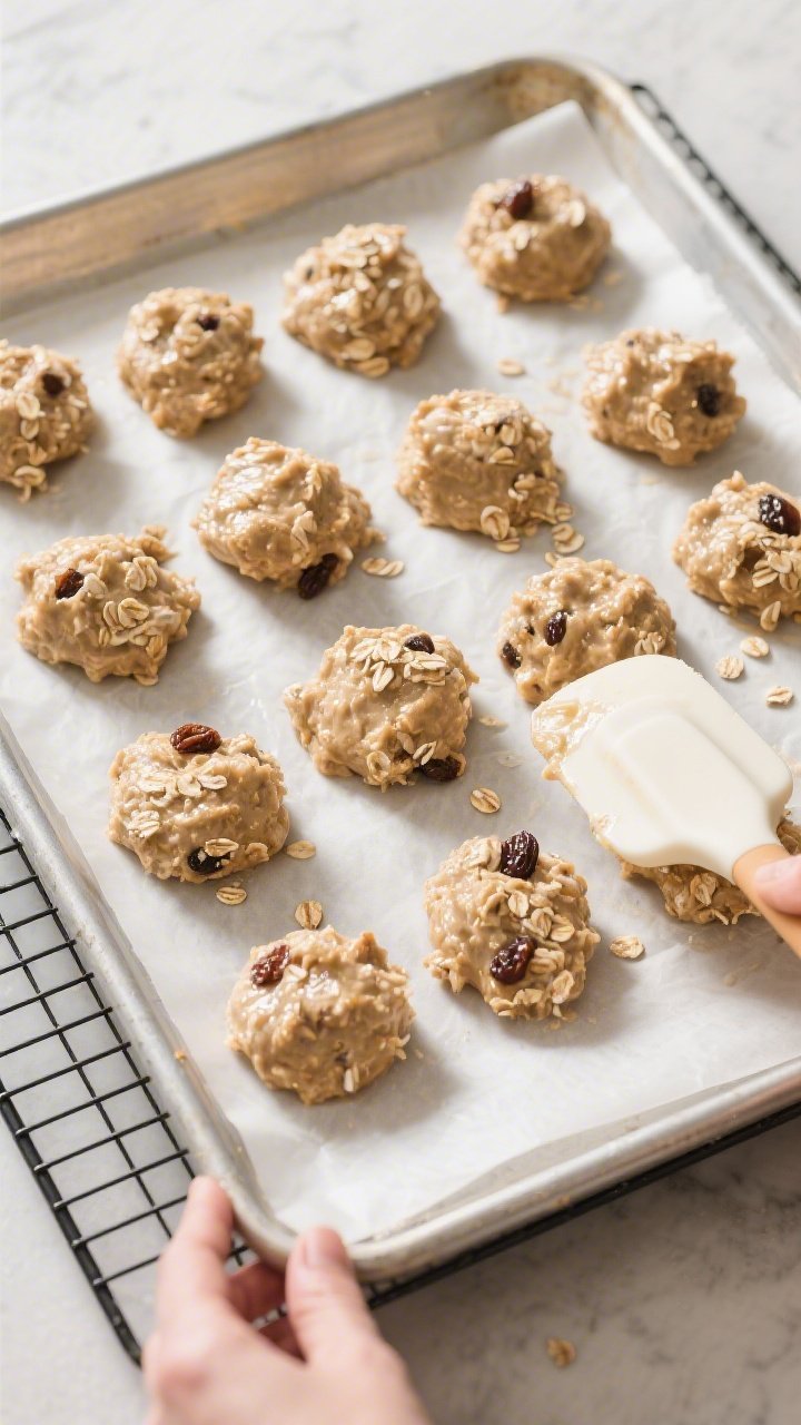 Cooking process: Overhead shot of 12–14 scooped mounds of thick, sticky oat-banana batter on a par