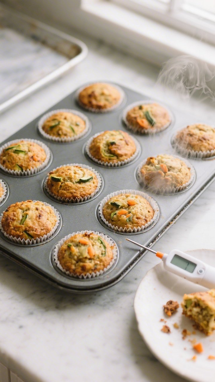 Cooking process: overhead shot of a 12-cup muffin tin just out of the oven, domed, golden-brown zucc