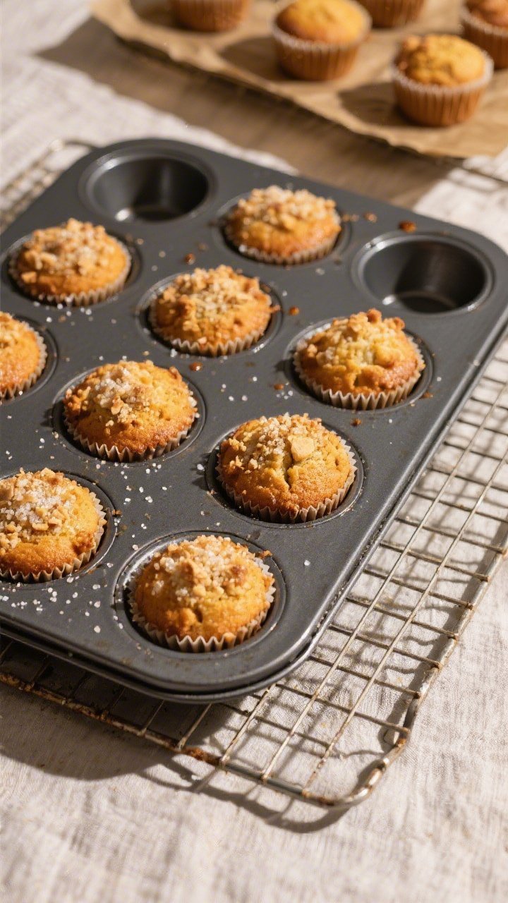 Cooking process: Overhead shot of a 12-cup muffin tin just out of the oven, each muffin crowned with