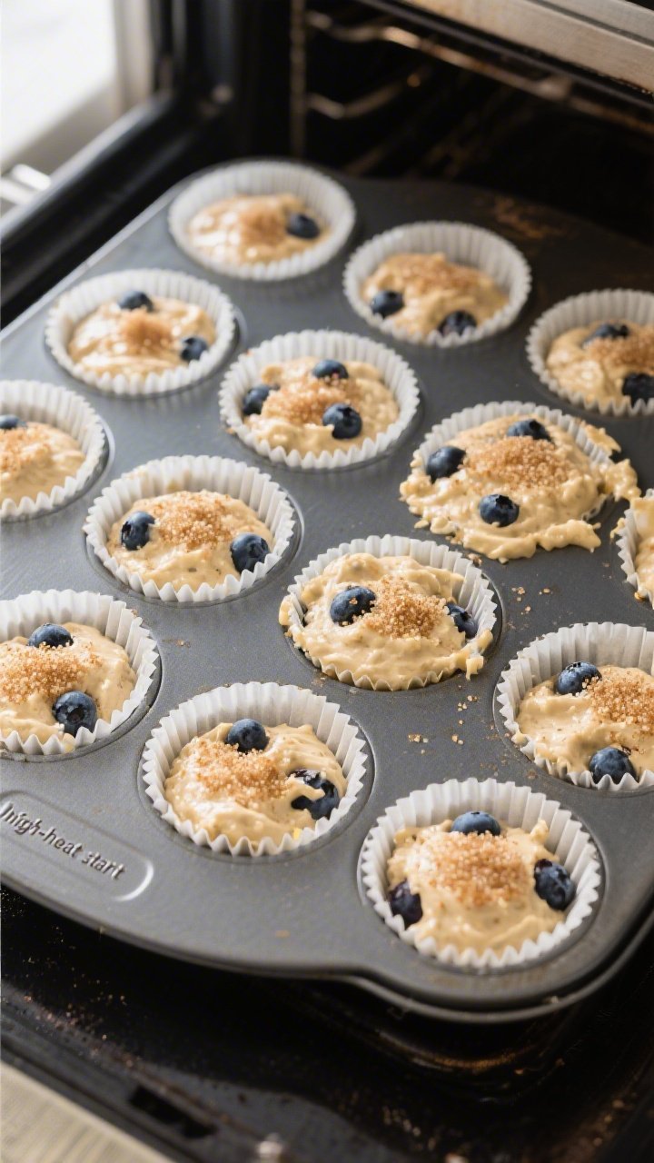 Cooking process: Overhead shot of a 12-cup muffin tin just filled three-quarters full with thick, lu