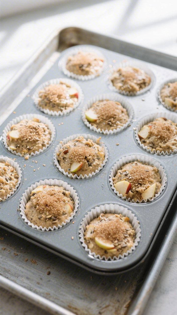 Cooking process: Overhead shot of a 12-cup muffin tin just filled 3/4 full with thick, textured batt