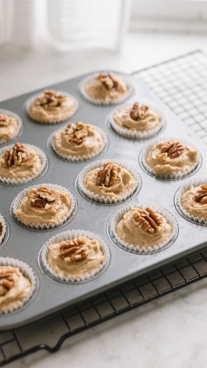 Cooking process: Overhead shot of a 12-cup muffin tin just filled with thick, scoopable batter, each
