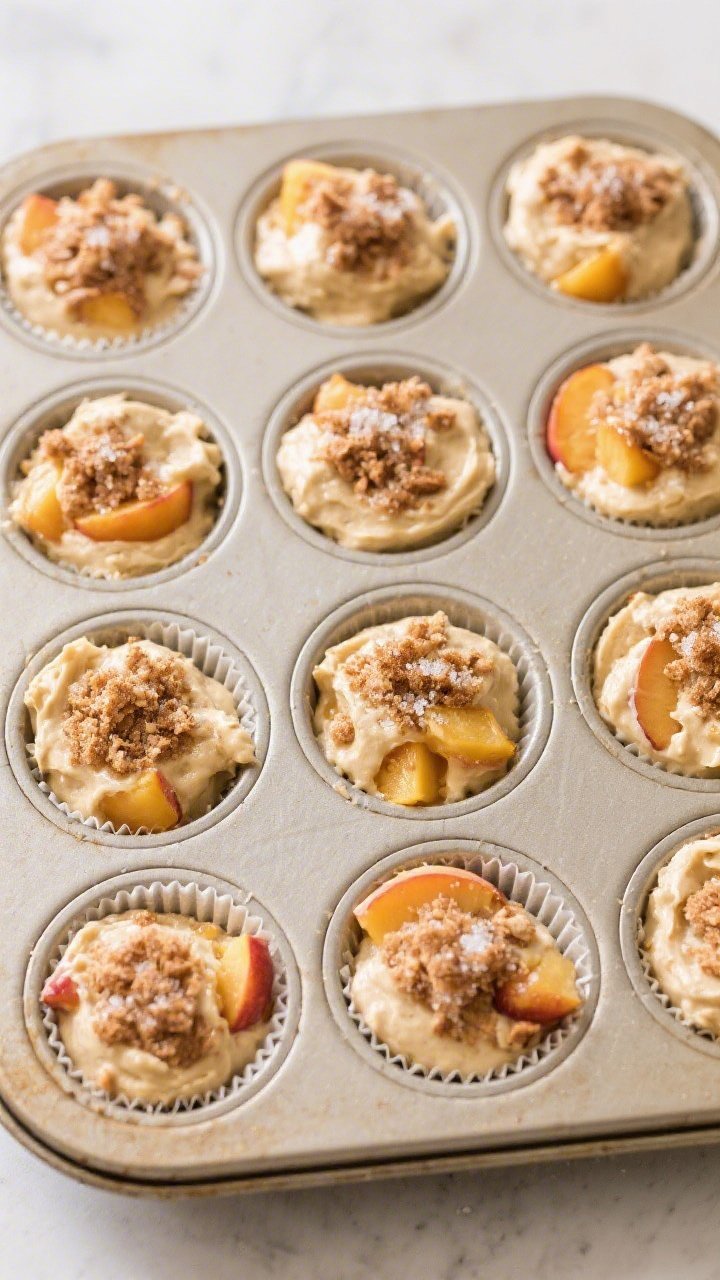 Cooking process: Overhead shot of a 12-cup muffin tin just filled to the brim with thick, scoopable