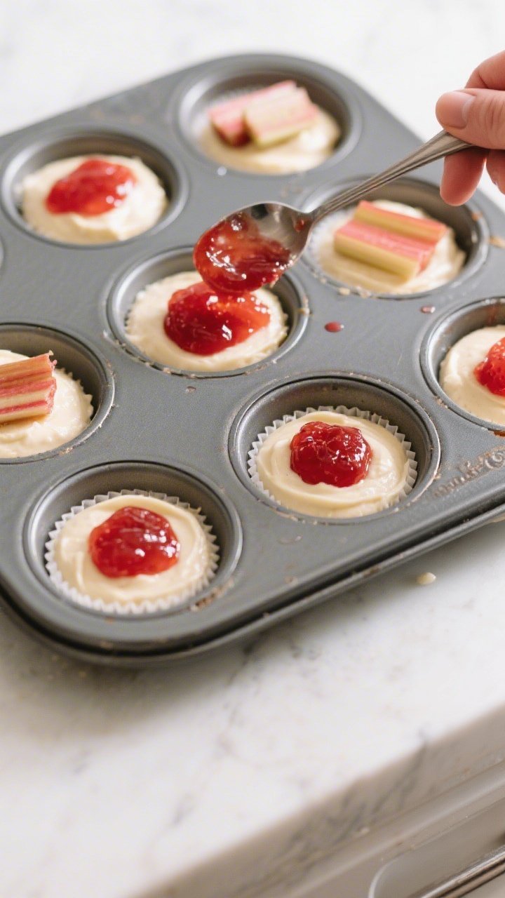 Cooking process: Overhead shot of a lined 12-cup muffin tin mid-assembly—each cup holding a base l