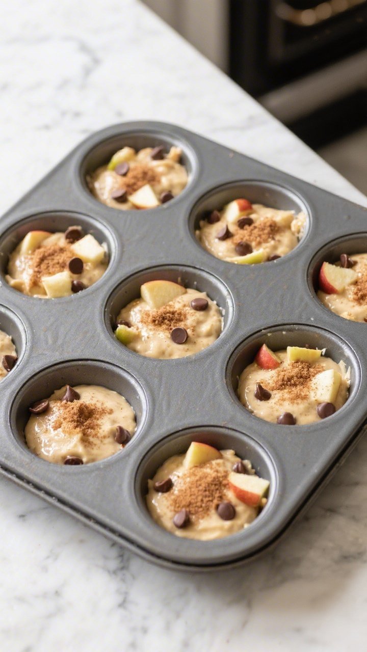Cooking process: Overhead shot of a muffin tin just after filling—muffin cups 3/4 full with rested