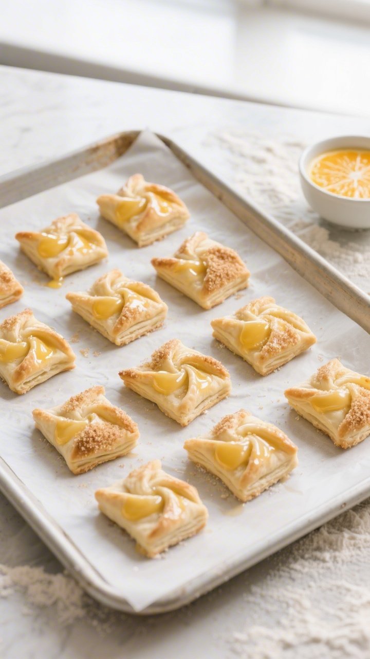 Cooking process: Overhead shot of assembled but unbaked bites on a parchment-lined baking sheet, eac
