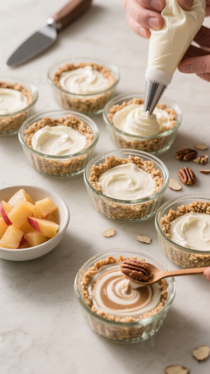 Cooking process: Overhead shot of assembly in progress—six small glass ramekins lined up, some wit