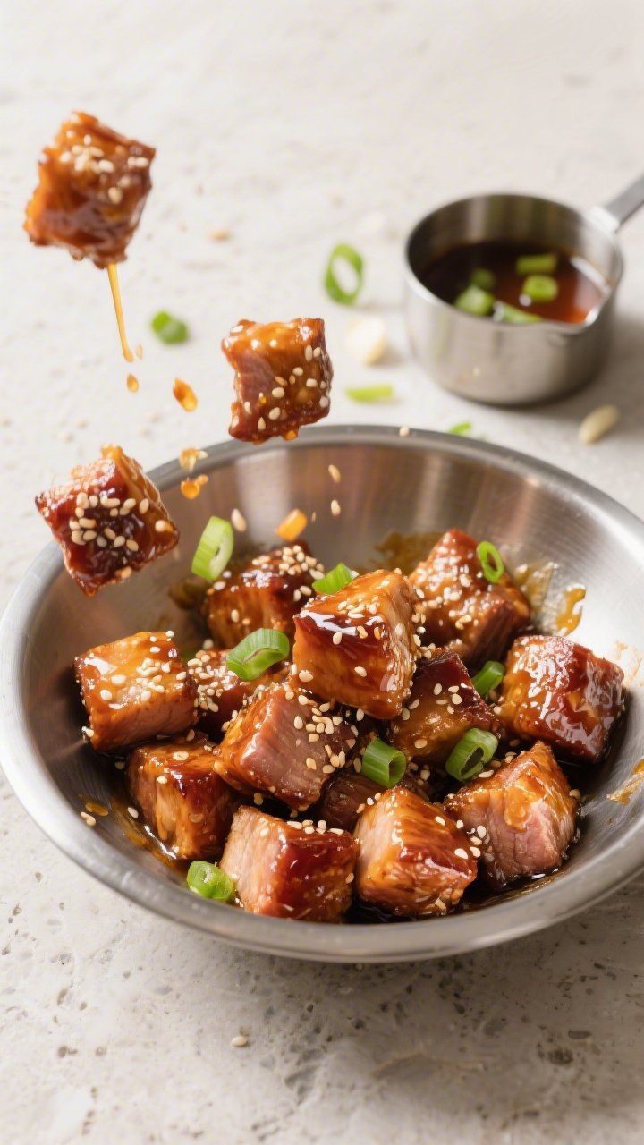Cooking process: Overhead shot of pork bites being tossed in a stainless steel bowl with the hot hon