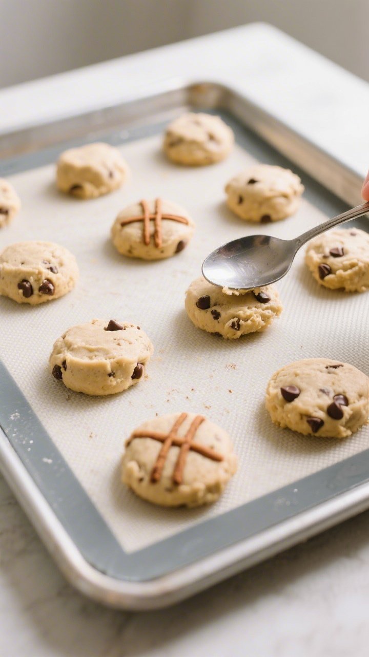 Cooking process: Overhead shot of portioned cookie mounds being lightly flattened with the back of a