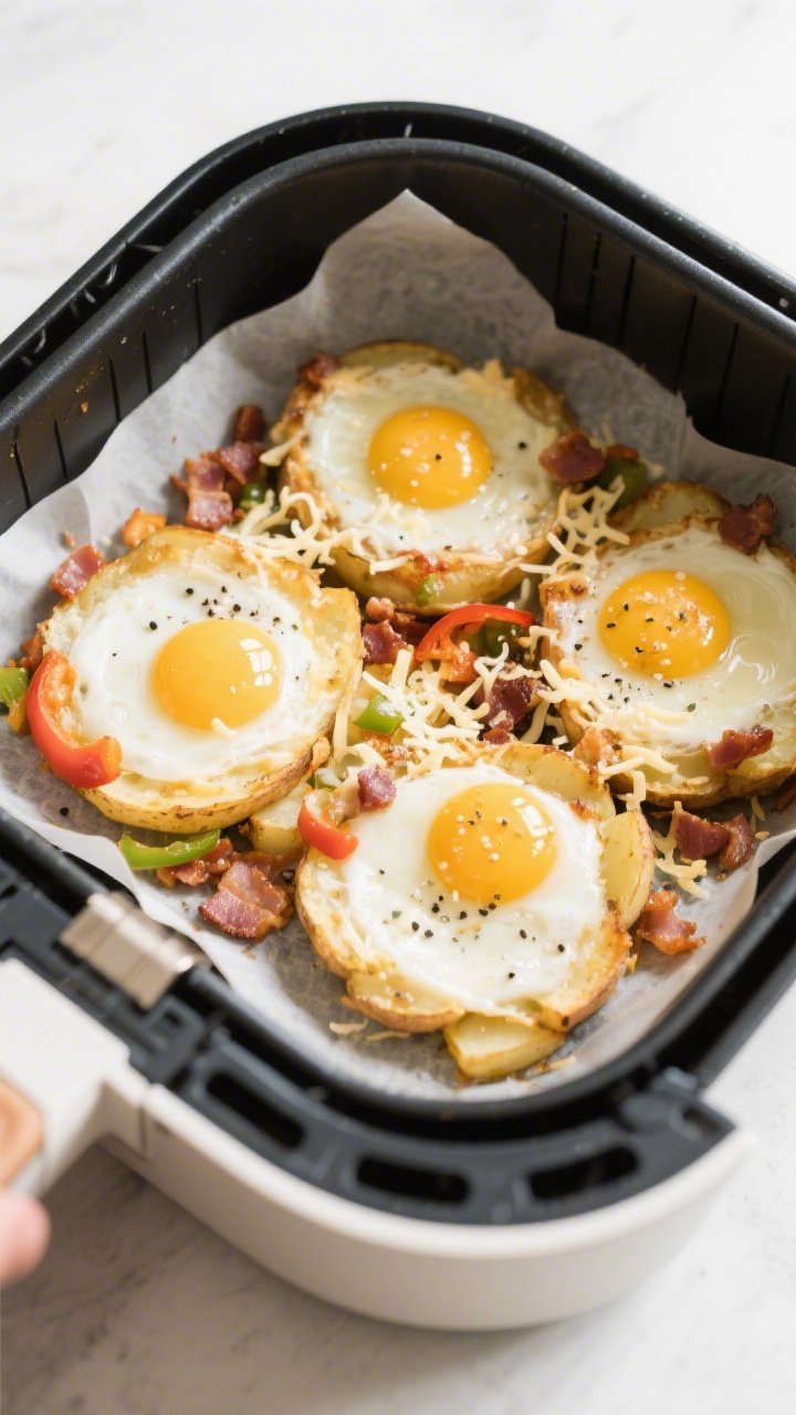 Cooking process: Overhead shot of the air fryer basket at the “egg stage,” showing four neat wel
