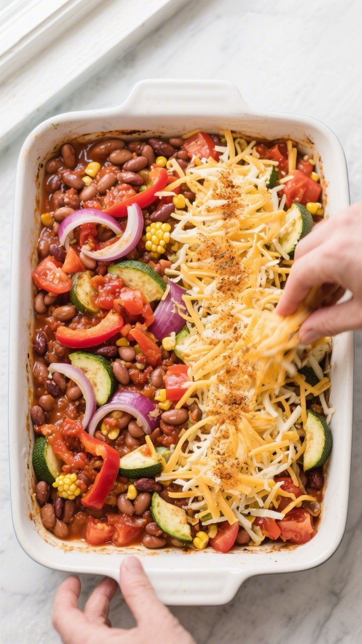Cooking process: Overhead shot of the assembled bean-and-veggie mixture being smoothed into a 9x13 c