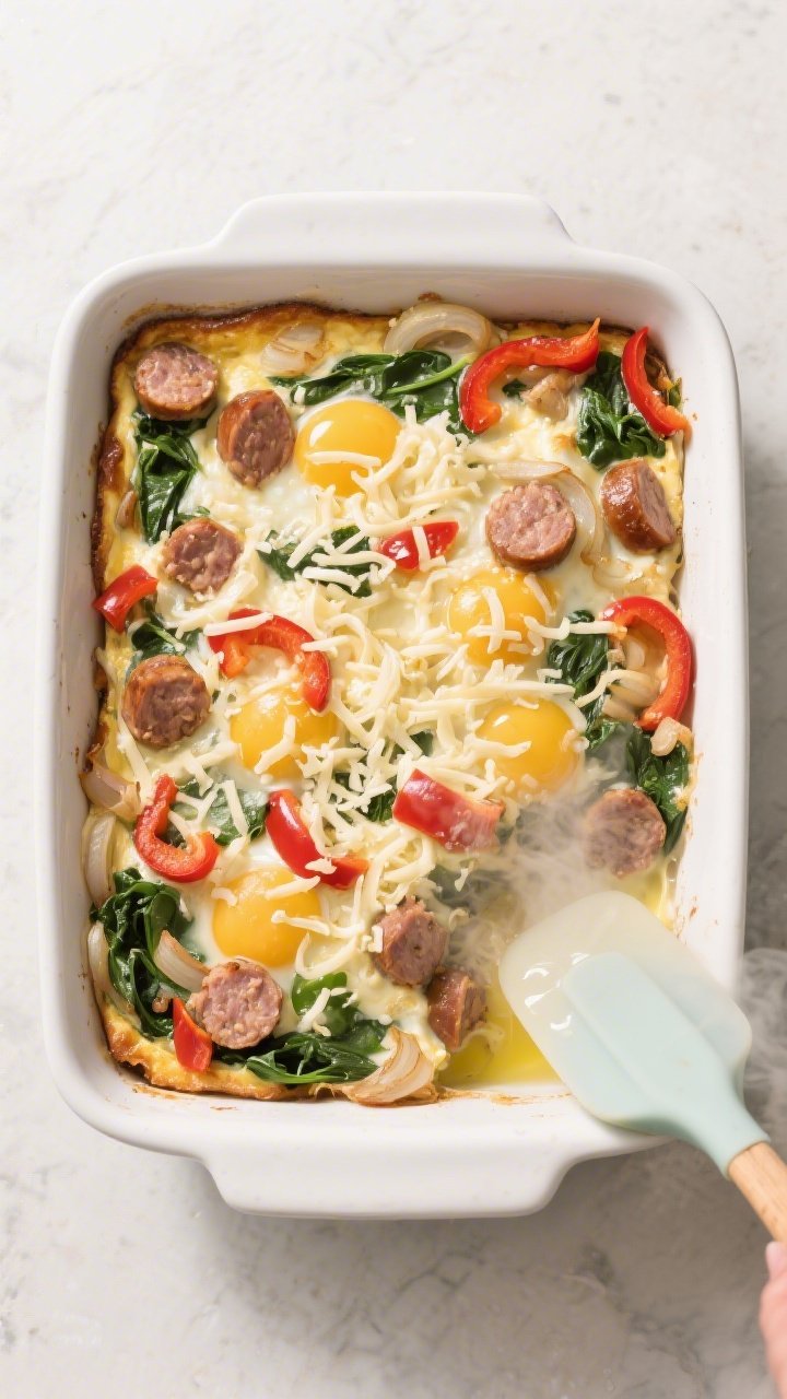 Cooking process: Overhead shot of the assembled breakfast bake in a 9x13-inch dish right before baki