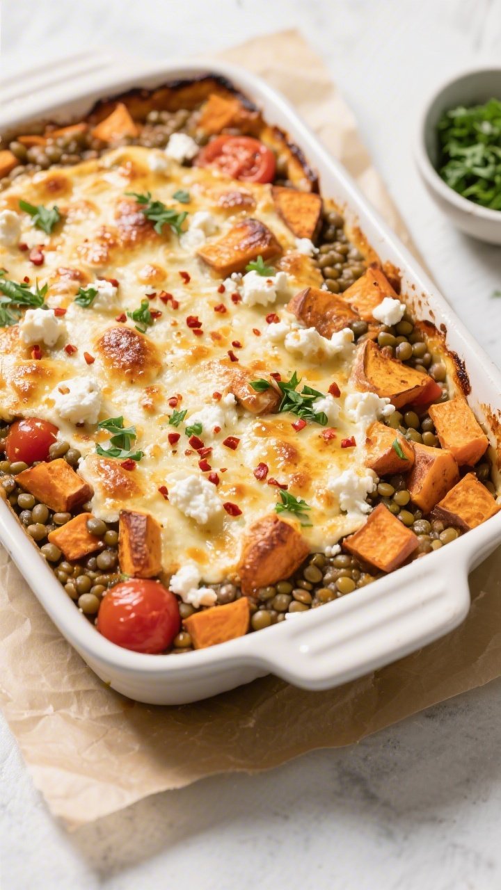 Cooking process: Overhead shot of the assembled High Protein Lentil and Sweet Potato Bake just out o