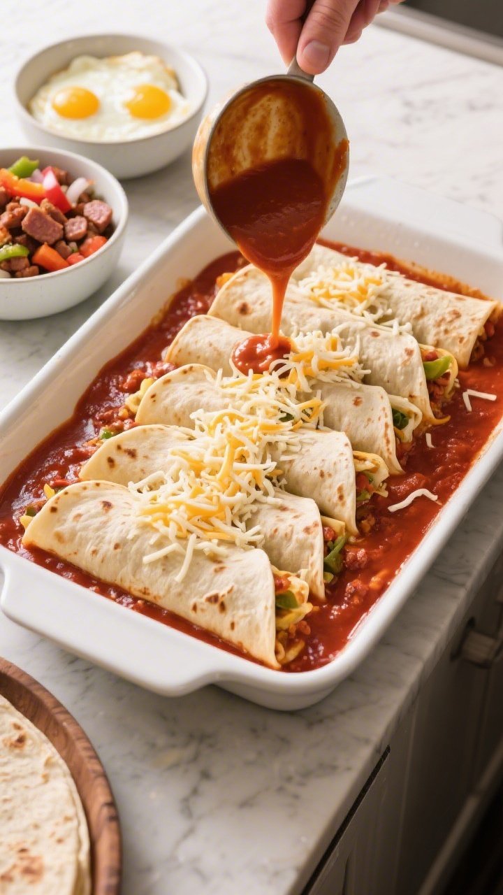 Cooking process: Overhead shot of the assembly stage in a 9x13 dish—neatly packed, rolled tortilla