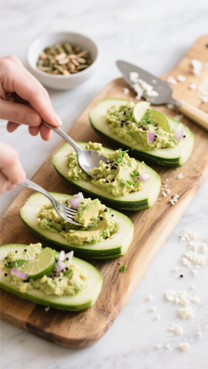 Cooking process: Overhead shot of the assembly stage—four halved, scooped English cucumbers neatly