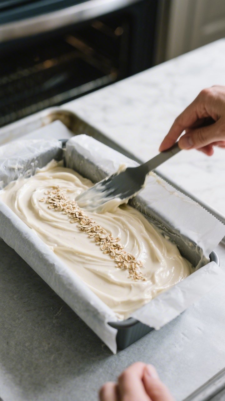 Cooking process: Overhead shot of the batter being scraped into a greased and parchment-lined 9x5-in