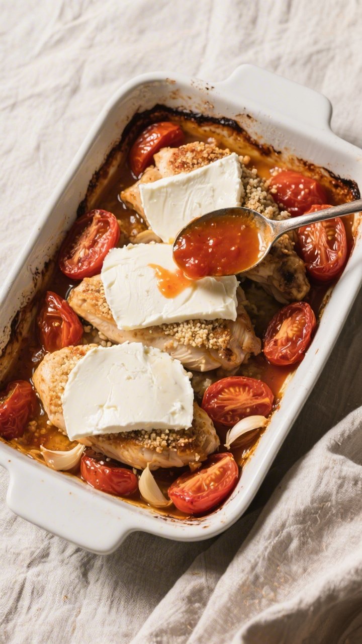 Cooking process: Overhead shot of the casserole just after the first bake, chicken nestled among bli