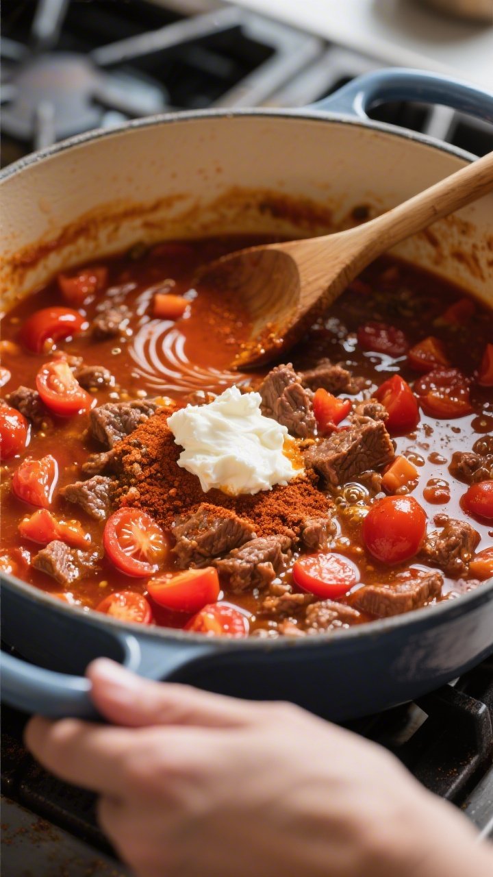 Cooking process: Overhead shot of the chili simmering in a wide, heavy pot just after the base is bu