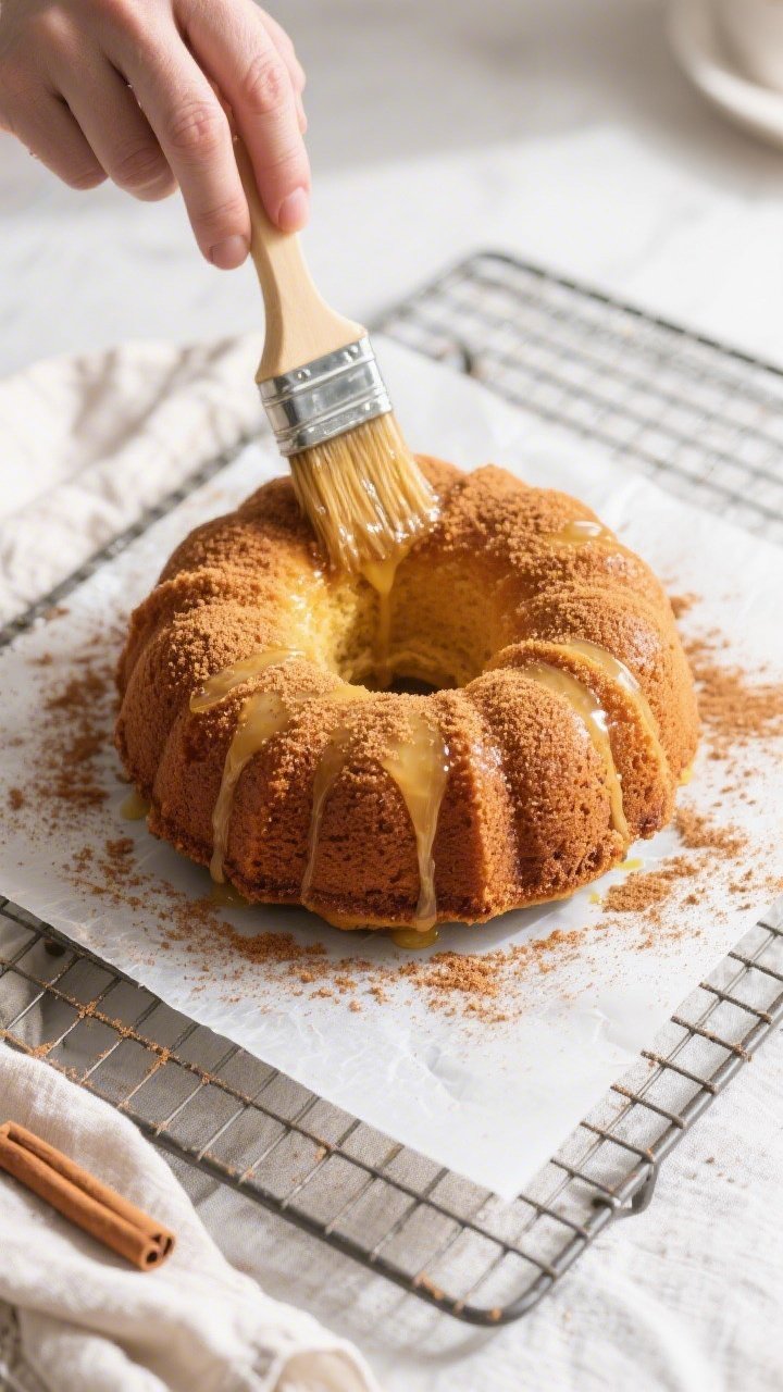 Cooking process: Overhead shot of the freshly baked cake just turned out onto a cooling rack, being 
