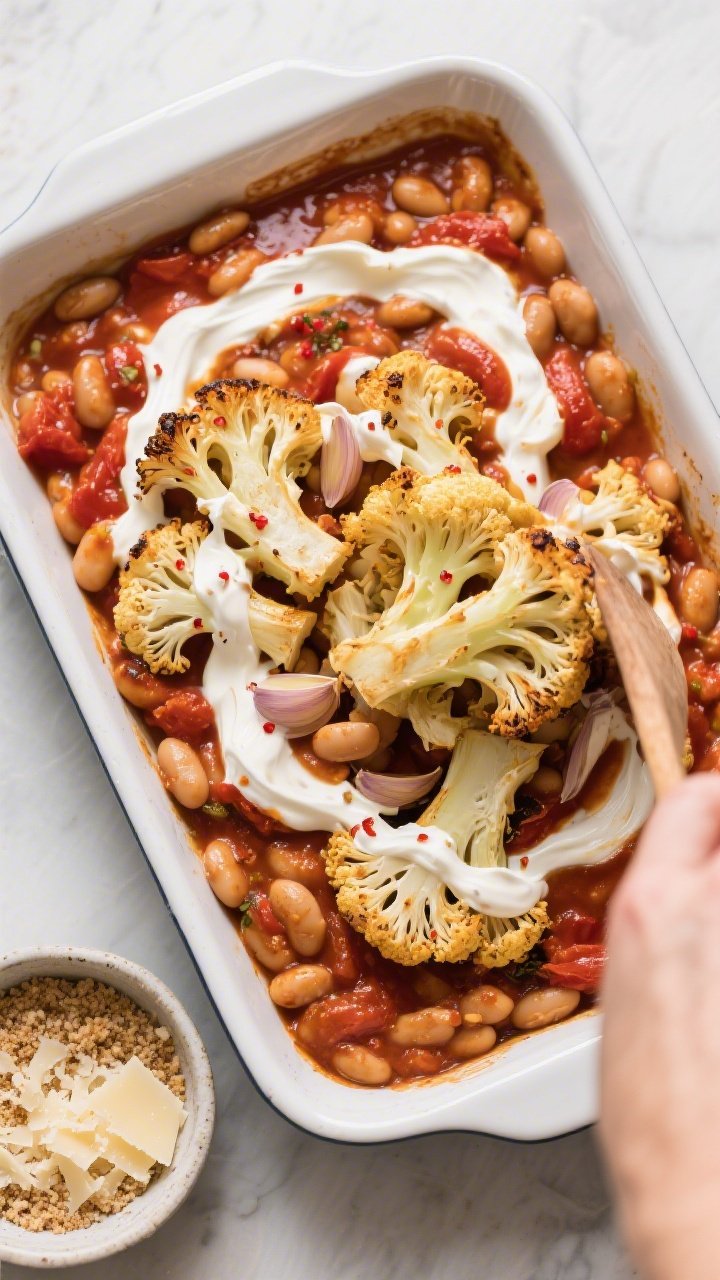 Cooking process: Overhead shot of the roasted cauliflower being folded with the creamy garlicky toma
