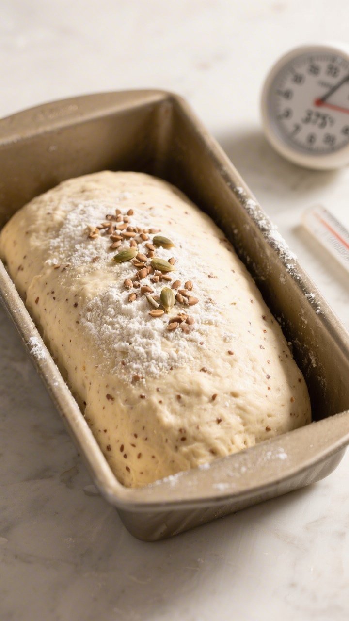Cooking process: Overhead shot of the shaped loaf after the second rise in a greased 9x5-inch pan, d