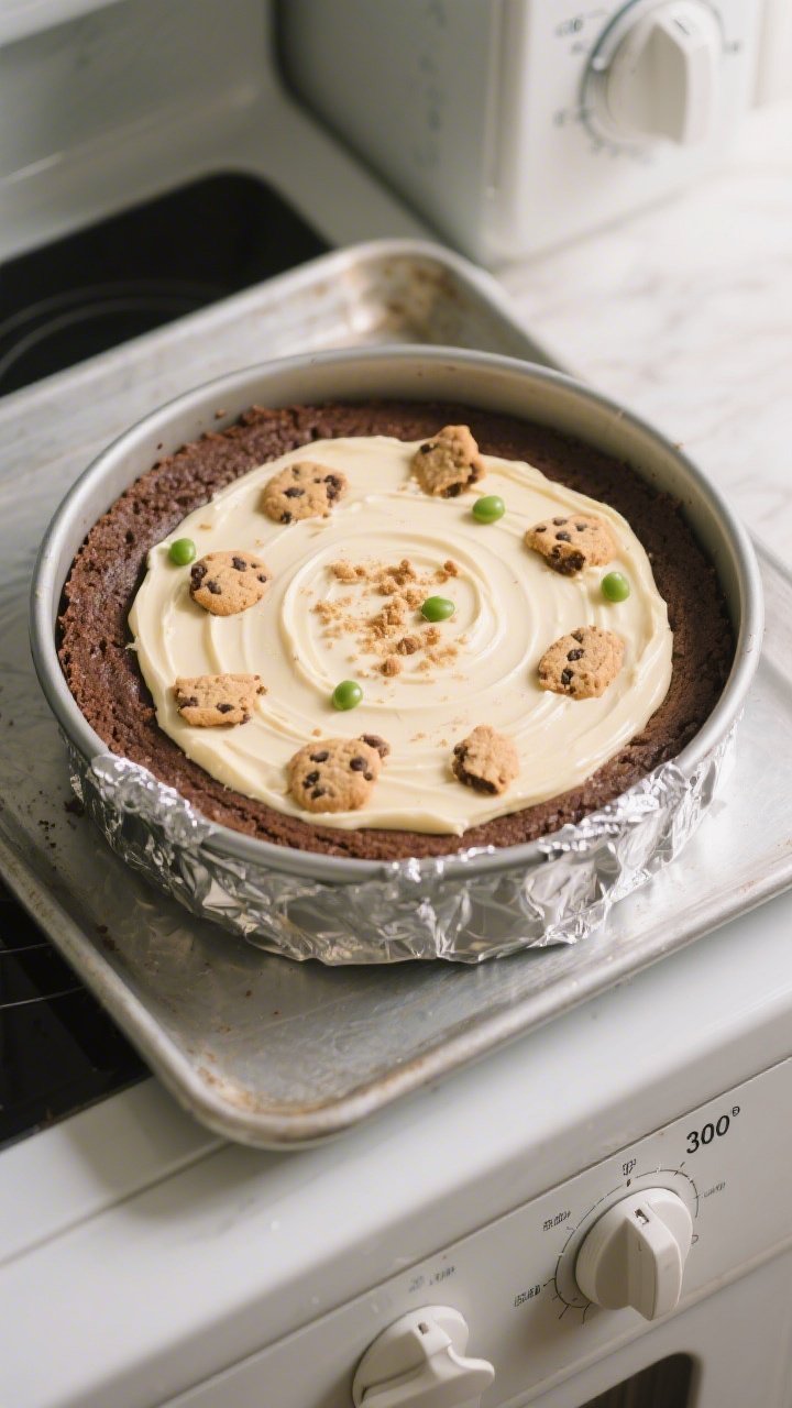 Cooking process: Overhead shot of the springform pan right after layering—warm, prebaked chocolate