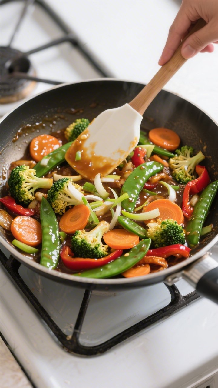 Cooking process: Overhead shot of the stir-fry mid-simmer as the cornstarch-thickened sauce turns gl