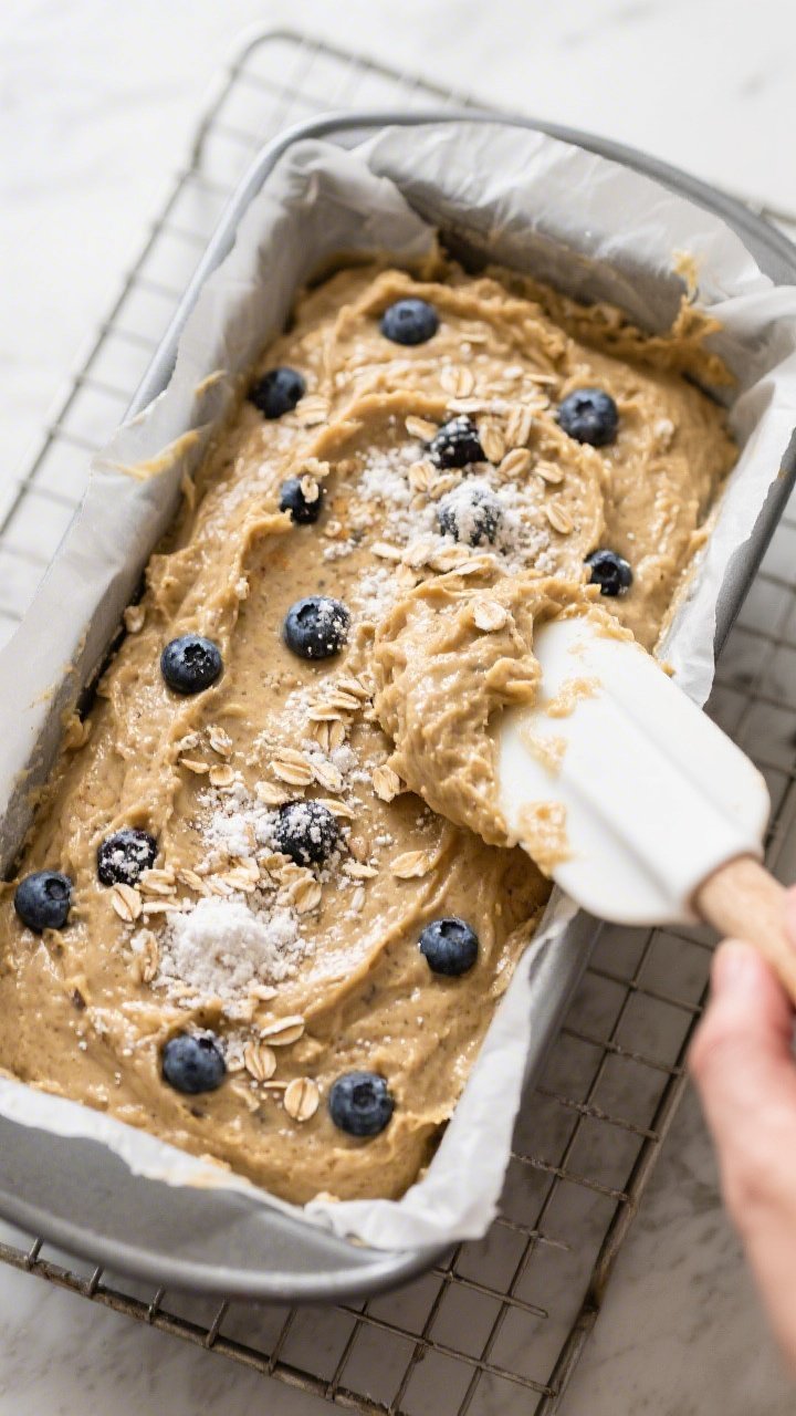 Cooking process: Overhead shot of the thick, scoopable batter just smoothed into a parchment-lined 9
