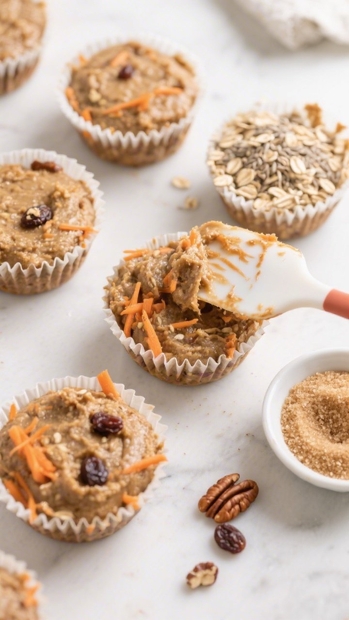 Cooking process: Overhead shot of thick, rustic muffin batter just after folding in finely grated ca