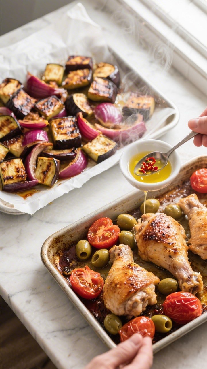 Cooking process: Overhead shot of two hot sheet pans just out of the oven at 425°F—one with deepl