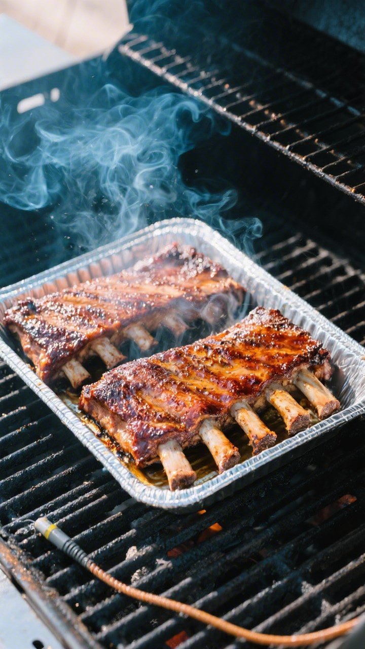 Cooking process: Overhead shot of two racks of St. Louis–style ribs on a smoker grate at 225–250