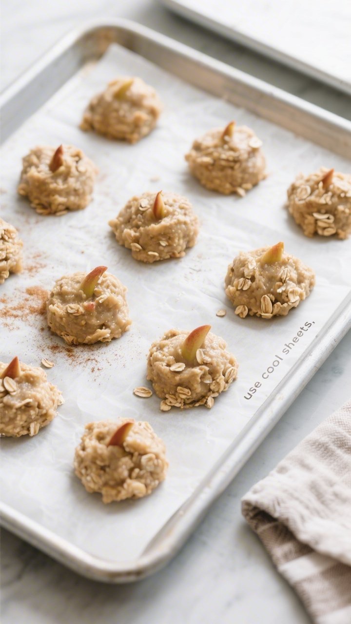 Cooking process: Overhead shot of uniform scoops of thick, slightly sticky applesauce-oatmeal dough