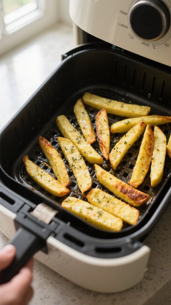Cooking process scene: polenta fries in an air fryer basket mid-cook at 400°F, arranged in a single