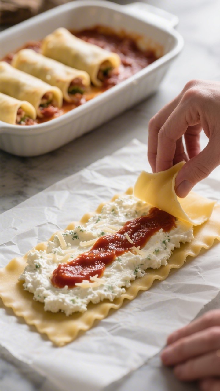 Cooking process shot: Assembly stage showing a single cooked lasagna noodle laid flat on parchment w