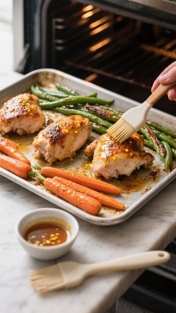 Cooking process shot: mid-roast basting scene on the sheet pan—chicken already partially carameliz