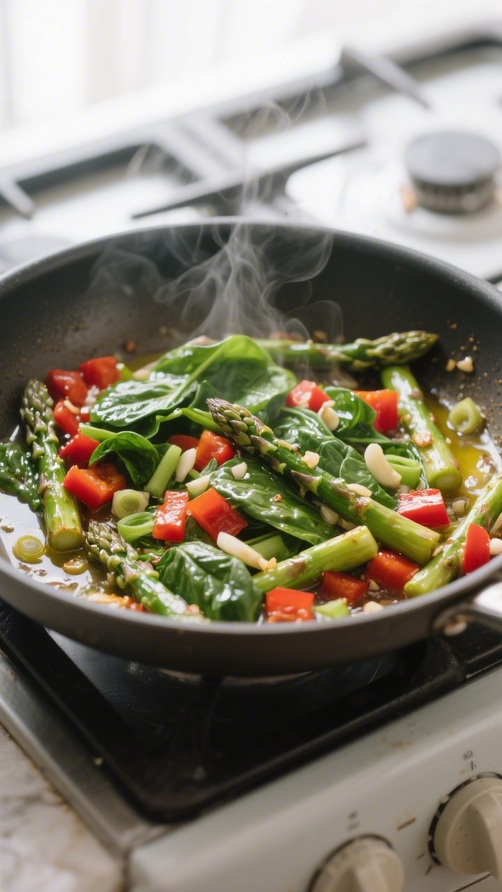 Cooking process shot: Sautéed spring vegetables for the casserole in a wide skillet—tender aspara