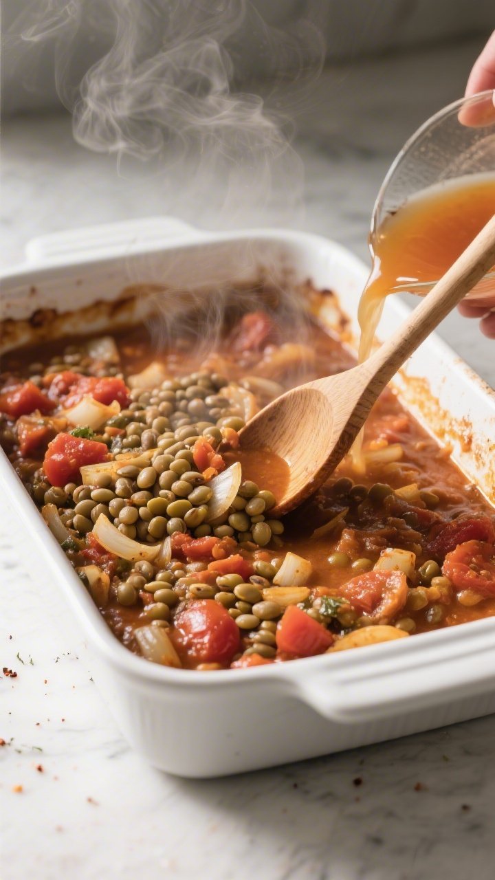 Cooking process shot: The stew bake just uncovered after the initial 45-minute covered bake, in a 9x