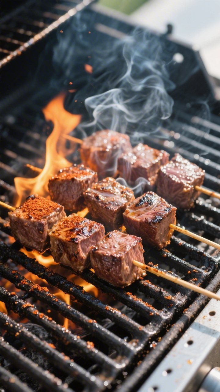 Cooking process: Skewered steak bites on a hot grill at medium-high heat, flames gently licking the