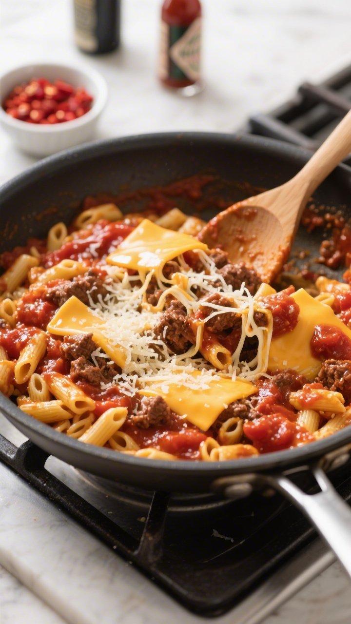 Cooking process: Skillet scene of the thickened tomato-beef sauce being folded together with just-un