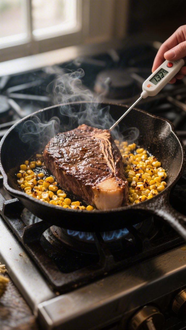 Cooking process: Steak being seared in a hot cast-iron skillet, marinade-reduced gloss sizzling arou