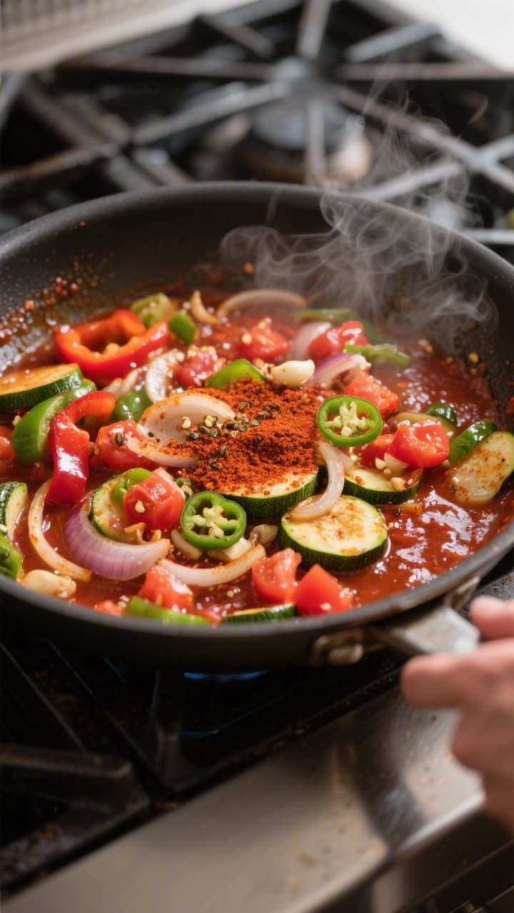 Cooking process, stovetop: Sautéed onion, red and green bell peppers, and zucchini in a wide skille
