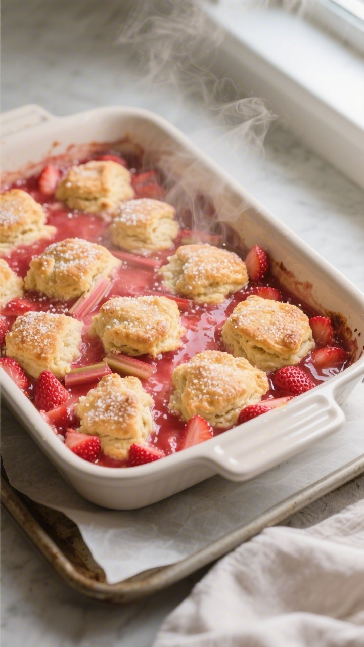 Cooking process: Strawberry rhubarb cobbler mid-bake in a 9x13 ceramic baking dish on a parchment-li