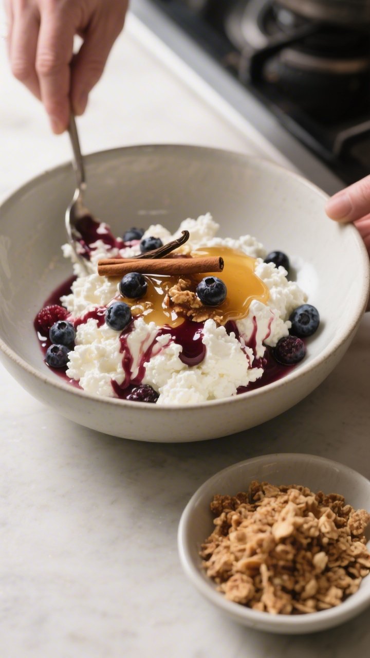 Cooking process: The bowl being assembled—cottage cheese in a medium bowl just after stirring in v