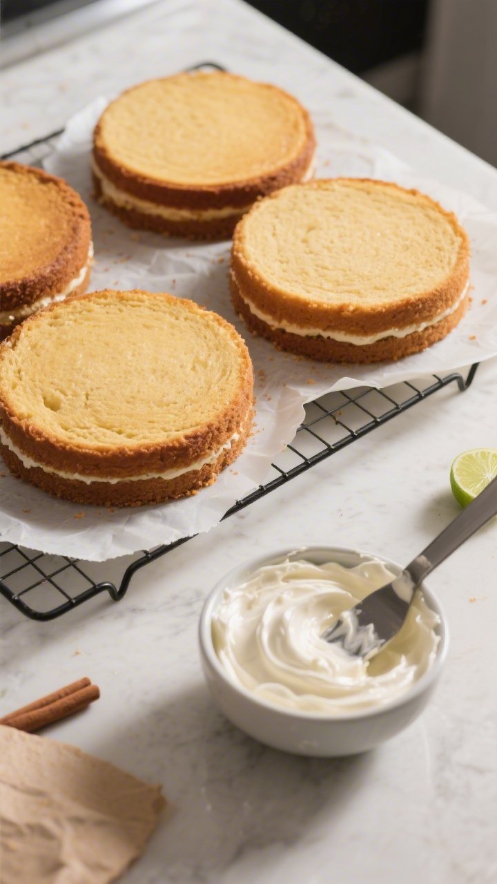 Cooking process: Warm cake layers cooling on a wire rack after baking, golden tops with lightly cara