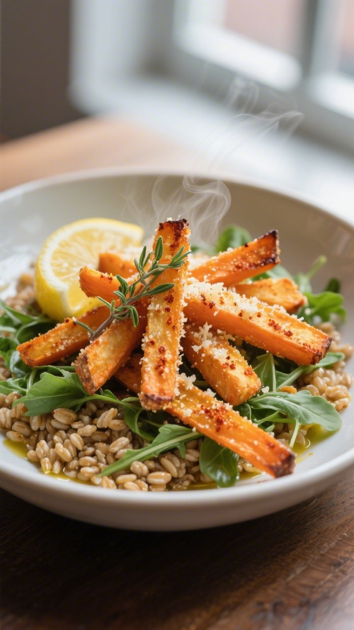 Final dish beauty: Restaurant-quality plating of Roasted Parmesan Carrot Fries served over a warm fa